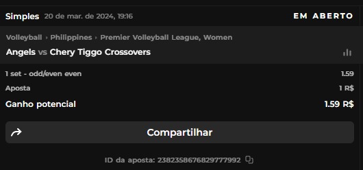Exemplo de bilhete com aposta Par Even no primeiro set